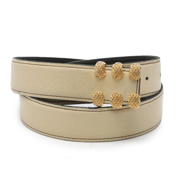 Vintage TILLA Leather Belt Gold Studded Claw Pin Buckle Italy 80s Cream Beige - Picture 2 of 9